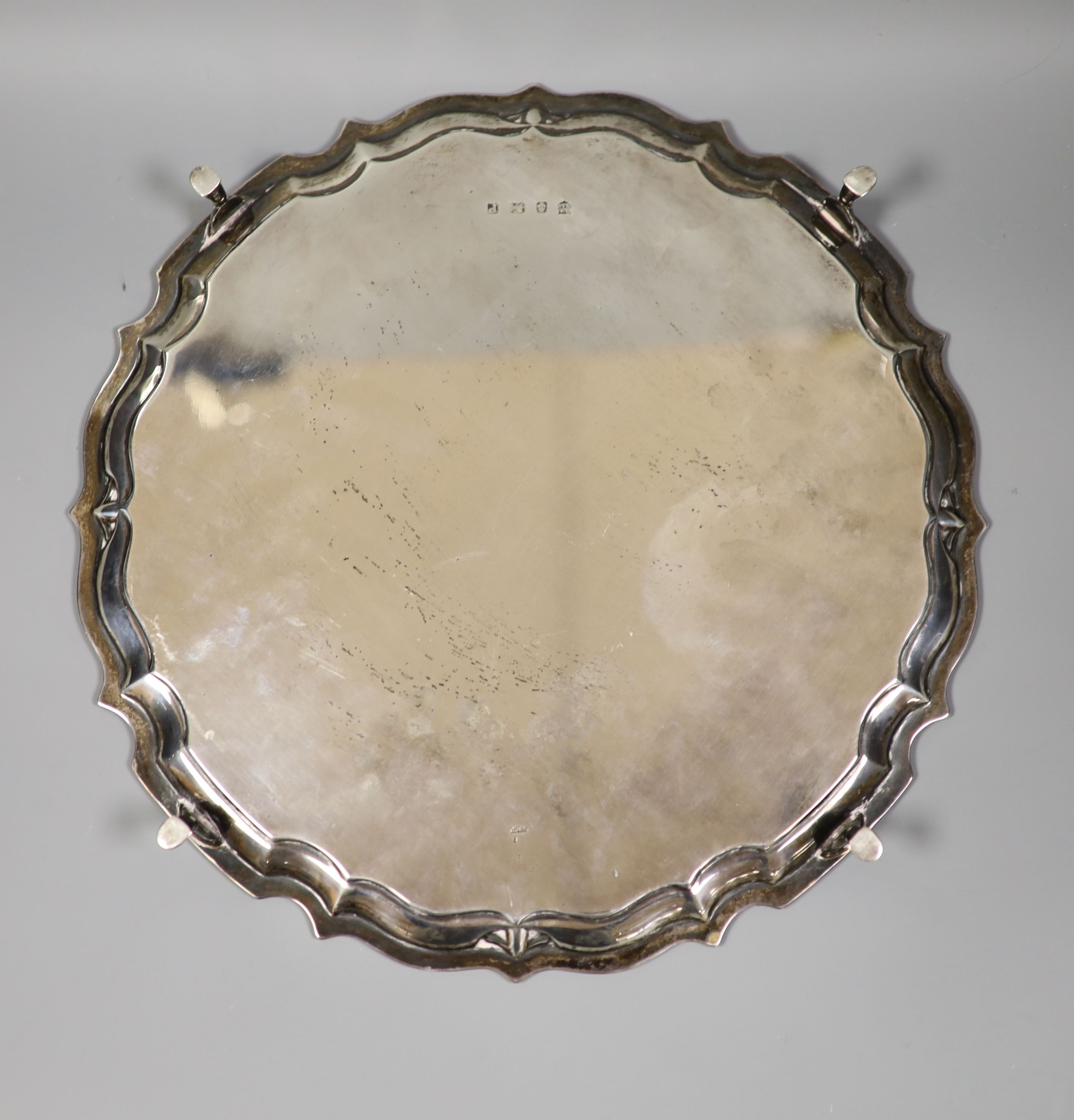 A George VI silver salver with engraved presentation inscription, Birmingham, 1939, 30.8cm, 27oz.